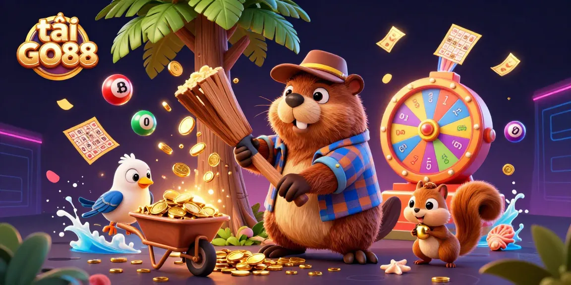 Engage in thrilling excitement as you tải GO88 with a scene of a lumberjack beaver surrounded by dynamic lottery elements.
