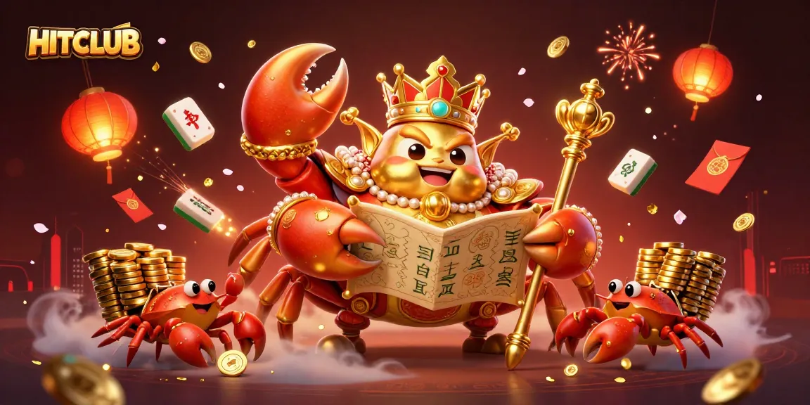 Experience HITCLUB's vibrant casino scene with a golden crab emperor amidst dynamic gaming elements.