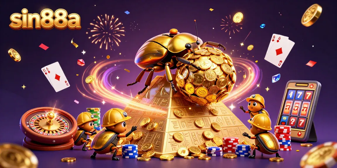 Experience the thrill of sin88a with massive golden beetles rolling coins in a vibrant casino landscape.