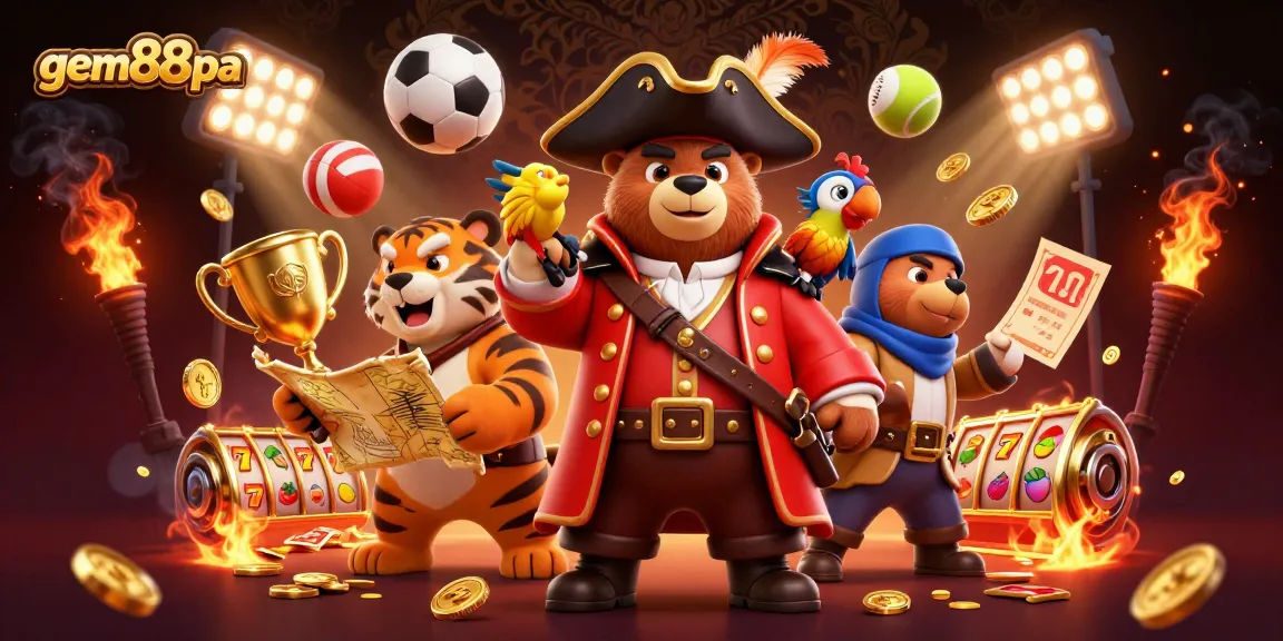 Experience thrilling sports betting with gem88pa, featuring a pirate captain bear and his crew amidst dynamic game elements.