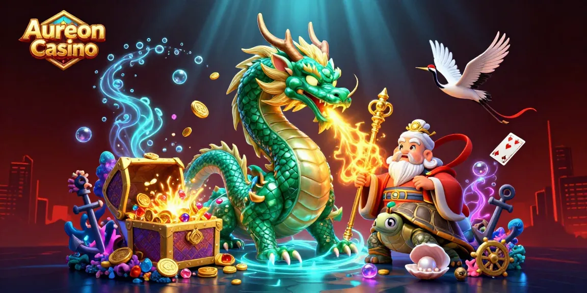 Aureon Casino invites you to enjoy a vibrant scene featuring dragon, turtle, and cranes amidst floating gaming elements