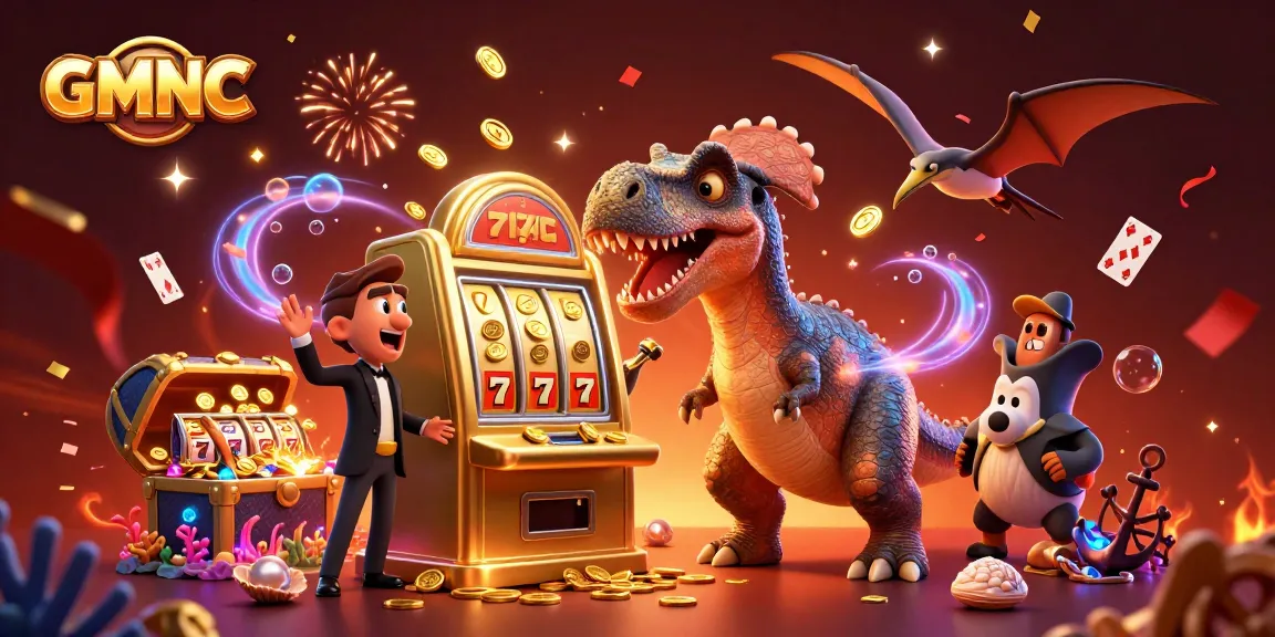 Experience GMNC's thrilling slot action with vibrant characters and dynamic elements in this casino-themed illustration.