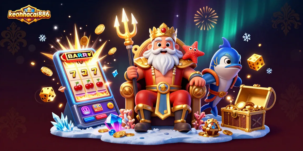 Win big with keonhacai886 in this dynamic casino scene featuring Neptune and vibrant slot elements.
