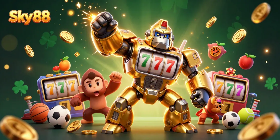 Experience thrilling gameplay with Sky 88's dynamic slot game elements featuring a golden gorilla mech.