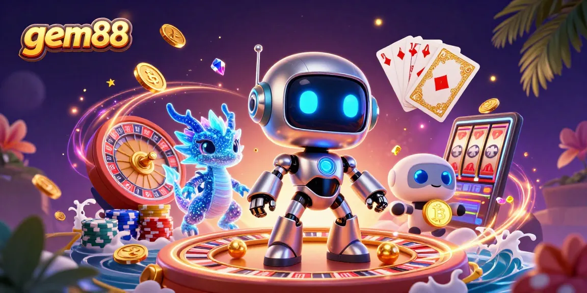 Experience excitement at gem88 with a vibrant scene of neon characters surrounded by casino games.