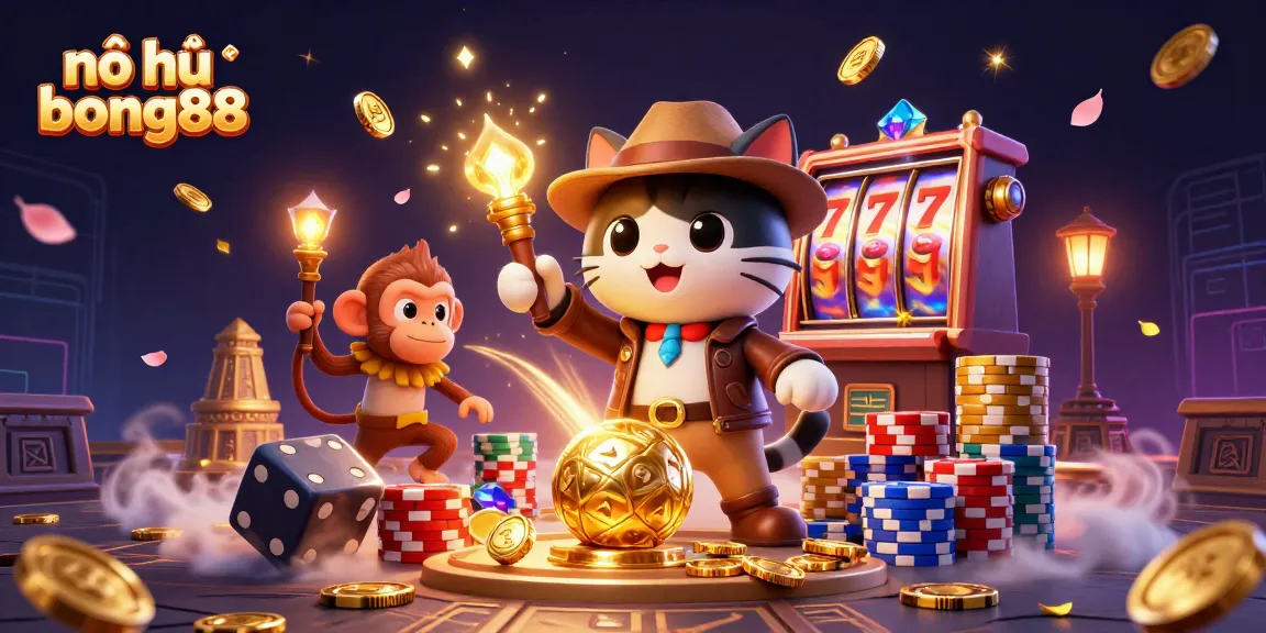 Experience thrilling nổ hũ bong88 action with a vibrant charater-filled scene of dynamic slot spins and treasures.