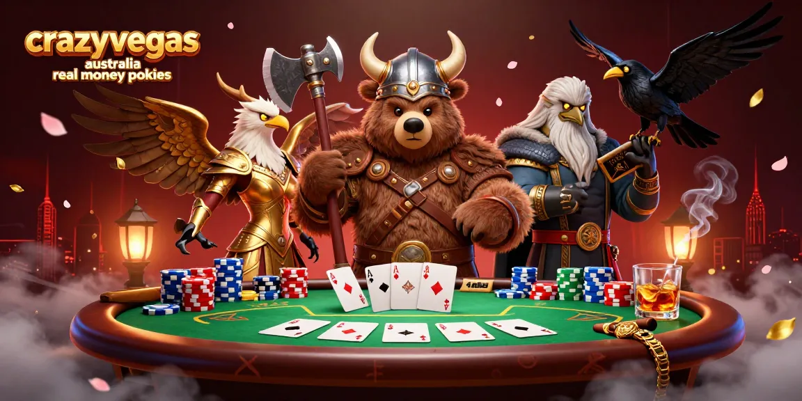 Win at crazyvegas australia real money pokies with vibrant characters and casino games depicted in an action-packed scene.